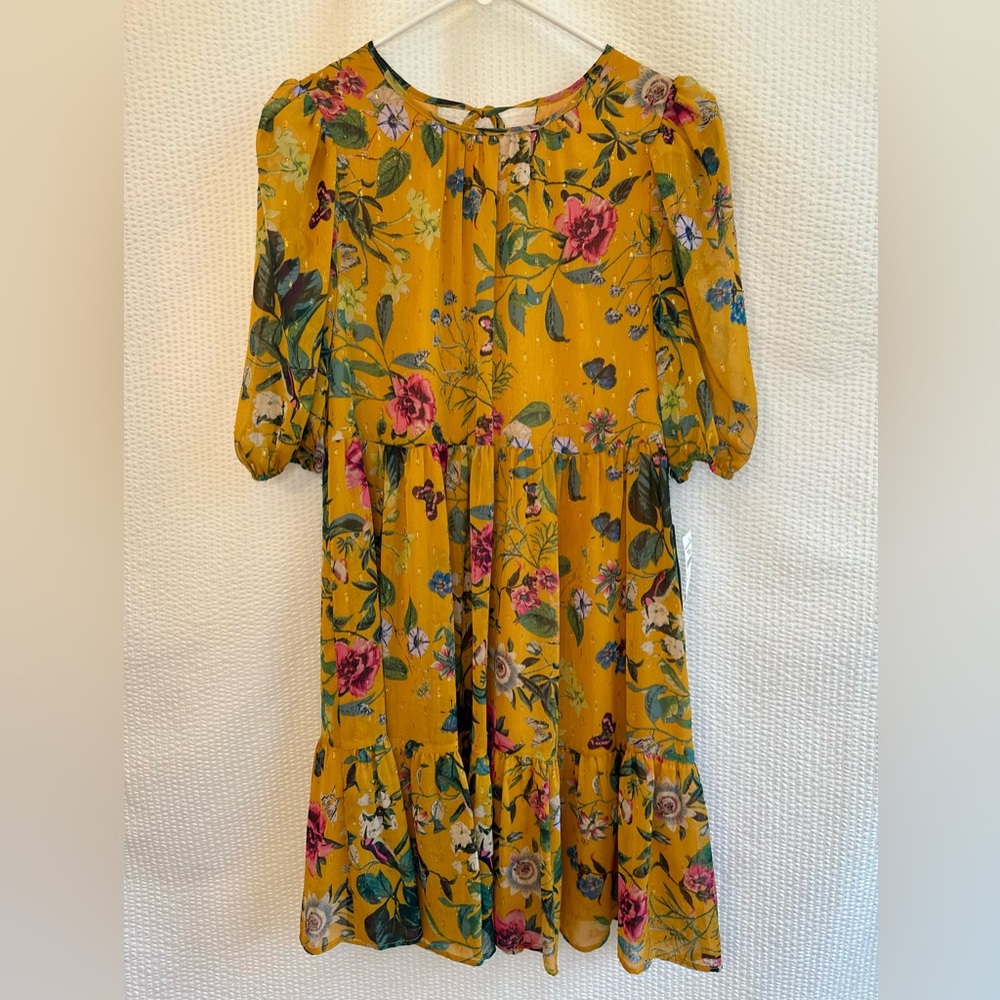 Eliza J Mustard Floral Midi Dress Women’s Size 4 NWT Puff Sleeve Tie Back